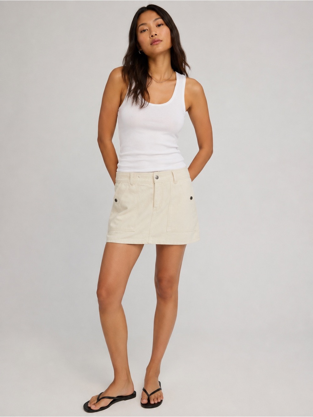 H&M Cream Button-Front Denim Mini Skirt